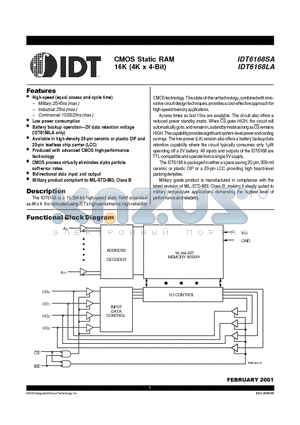 IDT6168LA20PB datasheet - CMOS STATIC RAM 16K (4K x 4-BIT)