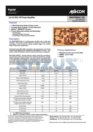 MAAPGM0027-DIE datasheet - 2.0-4.0 GHz 1W Power Amplifier