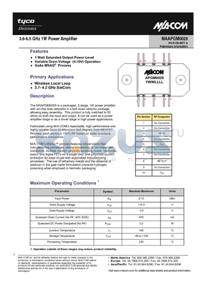 MAAPGM0029 datasheet - 3.6-6.5 GHz 1W Power Amplifier