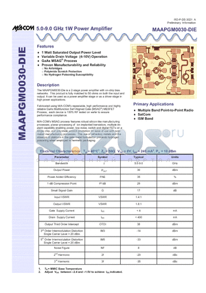 MAAPGM0030-DIE datasheet - 5.0-9.0 GHz 1W Power Amplifier