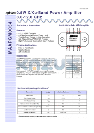 MAAPGM0034 datasheet - 0.5W X/Ku-Band Power Amplifier 8.0-12.0 GHz