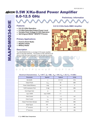 MAAPGM0034-DIE datasheet - 0.5W X/Ku-Band Power Amplifier 8.0-12.5 GHz