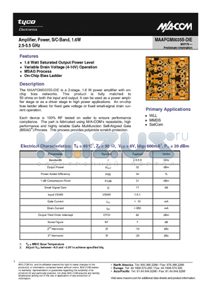 MAAPGM0035S-DIE datasheet - Amplifier, Power, S/C-Band, 1.6W (2.5-5.5 GHz)