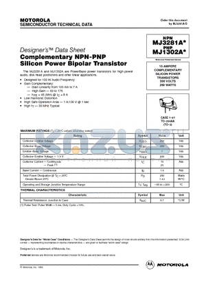 MJ3281A datasheet - 15 AMPERE COMPLEMENTARY SILICON POWER TRANSISTORS 200 VOLTS 250 WATTS