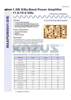 MAAPGM0041-DIE datasheet - 1.3W X/Ku-Band Power Amplifier 11.0-15.0 GHz