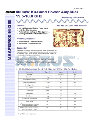 MAAPGM0046-DIE datasheet - 400mW Ku-Band Power Amplifier (15.5-18.0 GHz)