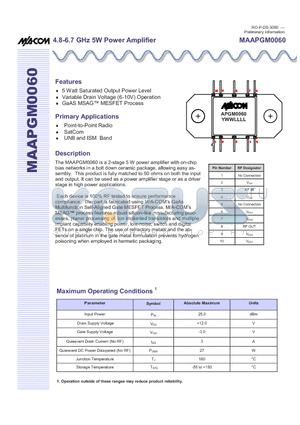 MAAPGM0060 datasheet - 4.8-6.7 GHz 5W Power Amplifier