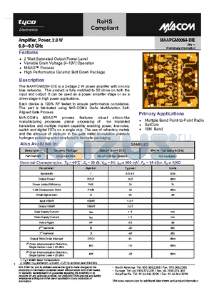 MAAPGM0064-DIE datasheet - Amplifier, Power, 2.0 W 6.5-9.5 GHz