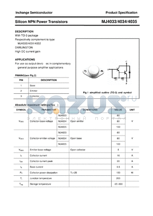 MJ4033 datasheet - Silicon NPN Power Transistors