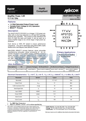 MAAPGM0072 datasheet - Amplifier, Power, 1.3W 17.7-19.7 GHz