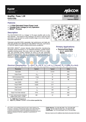 MAAPGM0073-DIE datasheet - Amplifier, Power, 1.2W 4.0-8.5 GHz