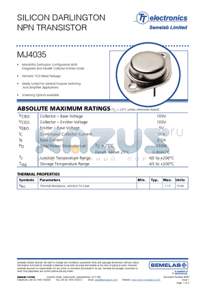 MJ4035 datasheet - SILICON DARLINGTON NPN TRANSISTOR