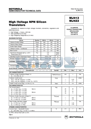 MJ413 datasheet - 10 AMPERE POWER TRANSISTORS NPN SILICON