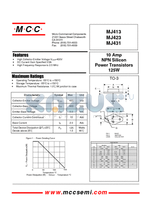 MJ413 datasheet - 10 Amp NPN Silicon Power Transistors 125W