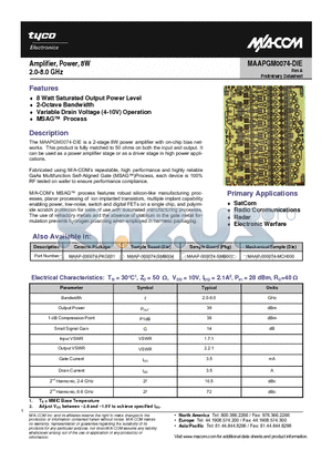MAAPGM0074-DIE datasheet - Amplifier, Power, 8W 2.0-8.0 GHz