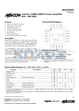 MAAPSS0006RTR datasheet - Cellular CDMA/AMPS Power Amplifier 824 - 849 MHz