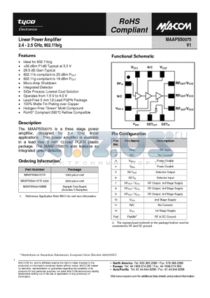 MAAPSS0075SMB datasheet - Linear Power Amplifier 2.4 - 2.5 GHz, 802.11b/g