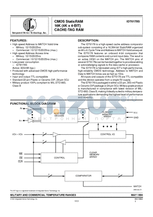 IDT6178S datasheet - CMOS StaticRAM 16K (4K x 4-BIT) CACHE-TAG RAM