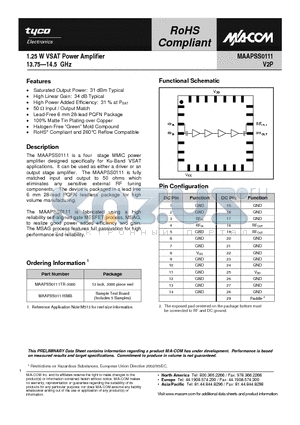 MAAPSS0111 datasheet - 1.25 W VSAT Power Amplifier 13.75-14.5 GHz