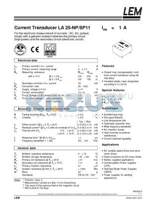 LA25-SP11 datasheet - Current Transducer