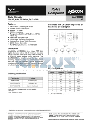MAATCC0006-TB datasheet - Digital Attenuator 30.0dB, 4-Bit, TTL Driver, DC-3.0 GHz