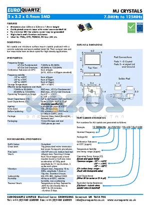 MJCRYSTALS datasheet - Miniature size: 5.0mm x 3.2mm x 1.0mm height