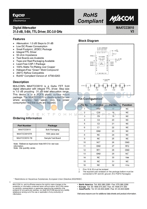 MAATCC0010 datasheet - Digital Attenuator 31.0dB, 5-Bit, TTL Driver, DC-3.0 GHz