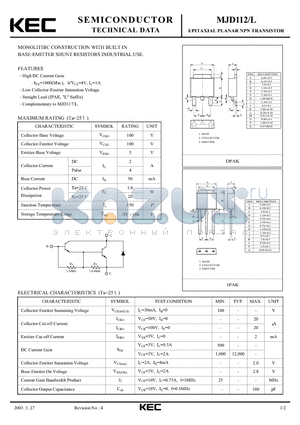 MJD112L datasheet - EPITAXIAL PLANAR NPN TRANSISTOR (MONOLITHIC CONSTRUCTION WITH BUILT IN BASE-EMITTER SHUNT RESISTORS INDUSTRIAL USE.)