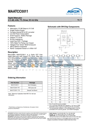 MAATCC0011-TB datasheet - Digital Attenuator 31.5 dB, 6-Bit, TTL Driver, DC-4.0 GHz