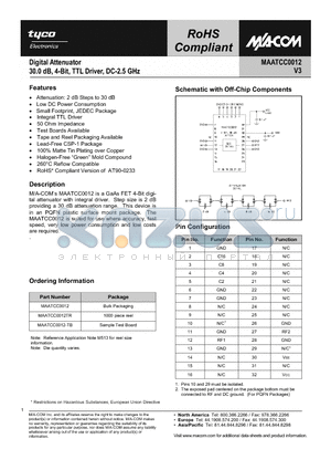 MAATCC0012 datasheet - Digital Attenuator 30.0dB, 4-Bit, TTL Driver, DC-2.5 GHz