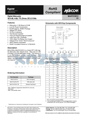 MAATCC0012TR datasheet - Digital Attenuator 30.0dB, 4-Bit, TTL Driver, DC-2.5 GHz