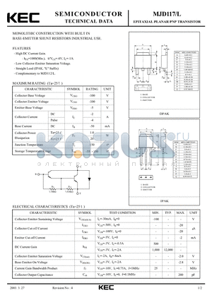 MJD117 datasheet - EPITAXIAL PLANAR PNP TRANSISTOR (MONOLITHIC CONSTRUCTION WITH BUILT IN BASE-EMITTER SHUNT RESISTORS INDUSTRIAL USE.)