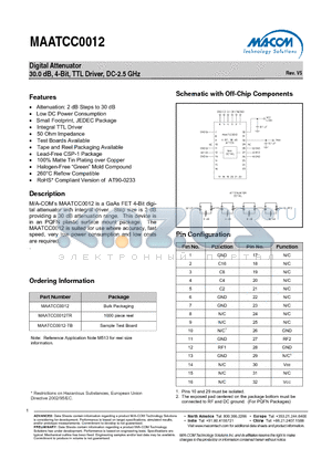 MAATCC0012TR datasheet - Digital Attenuator 30.0 dB, 4-Bit, TTL Driver, DC-2.5 GHz