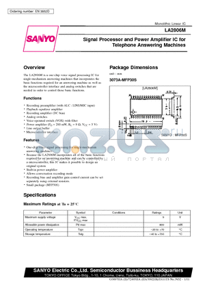 LA2806M datasheet - Signal Processor and Power Amplifier IC for Telephone Answering Machines