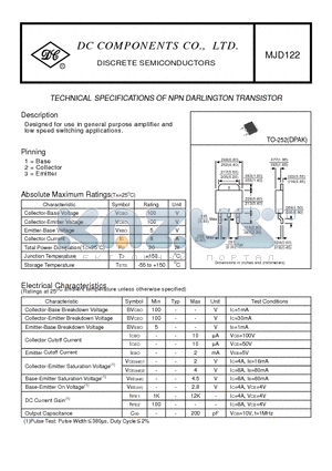 MJD122 datasheet - TECHNICAL SPECIFICATIONS OF NPN DARLINGTON TRANSISTOR