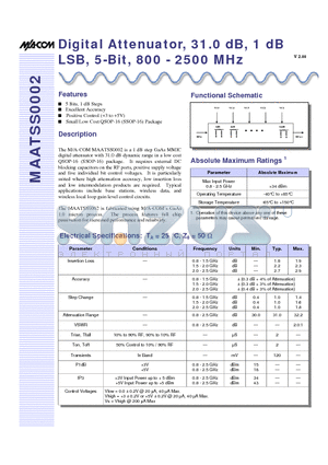 MAATSS0002-TB datasheet - Digital Attenuator, 31.0 dB, 1 dB LSB, 5-Bit, 800 - 2500 MHz