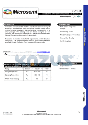 GG71110-05 datasheet - REFLECTIVE SPST SWITCH MODULES with Bias Circuit