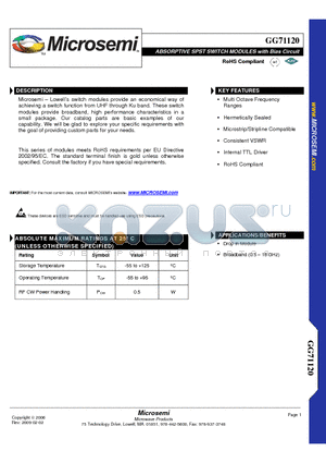 GG71120-01 datasheet - ABSORPTIVE SPST SWITCH MODULES with Bias Circuit