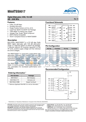 MAATSS0017 datasheet - Digital Attenuator, 5-Bit, 15.5 dB 400 - 2500 MHz