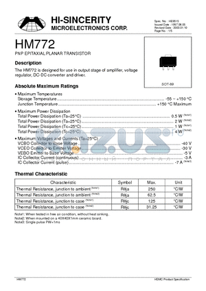 HM772 datasheet - PNP EPITAXIAL PLANAR TRANSISTOR