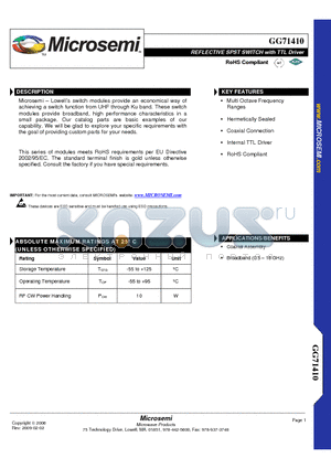 GG71410 datasheet - REFLECTIVE SPST SWITCH with TTL Driver