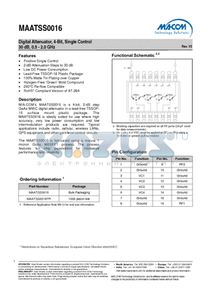 MAATSS0016TR datasheet - Digital Attenuator, 4-Bit, Single Control 30 dB, 0.5 - 2.0 GHz