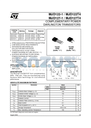 MJD122T4 datasheet - COMPLEMENTARY POWER DARLINGTON TRANSISTORS