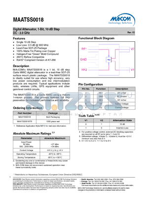 MAATSS0018TR datasheet - Digital Attenuator, 1-Bit, 10 dB Step DC - 2.0 GHz