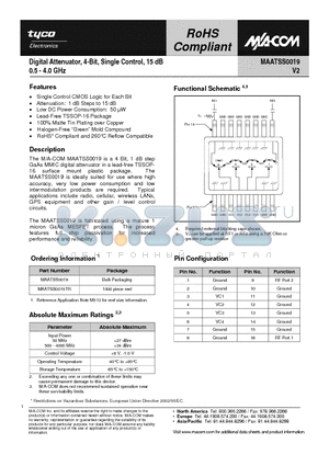 MAATSS0019 datasheet - Digital Attenuator, 4-Bit, Single Control, 15 dB 0.5 - 4.0 GHz