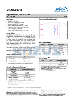 MAATSS0018 datasheet - Digital Attenuator, 1-Bit, 10 dB Step DC - 2.0 GHz