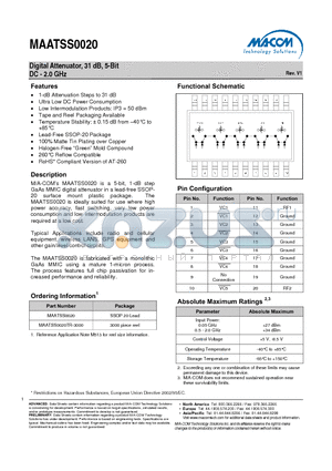 MAATSS0020 datasheet - Digital Attenuator, 31 dB, 5-Bit DC - 2.0 GHz