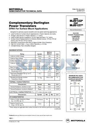 MJD127-1 datasheet - SILICON POWER TRANSISTORS 8 AMPERES 100 VOLTS 20 WATT