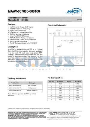 MAAV-007088-000100 datasheet - PIN Diode Based Variable Attenuator, 50 - 1000 MHz