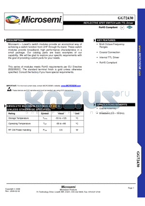 GG72430 datasheet - REFLECTIVE SPDT SWITCH with TTL Driver